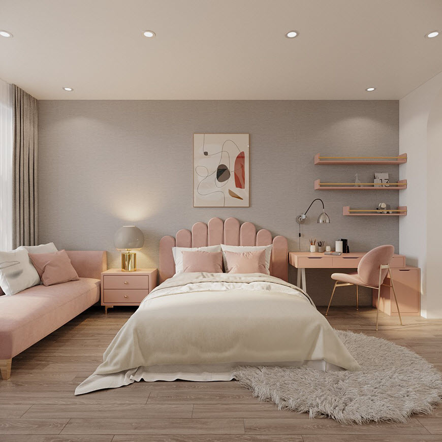 Phòng ngủ thứ ba sử dụng bảng màu hồng pastel nhẹ nhàng, nữ tính, thể hiện rõ phong cách của chủ nhân căn phòng.