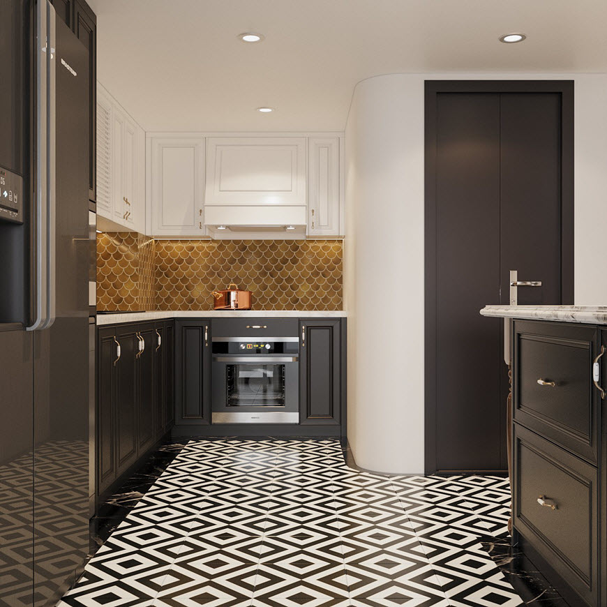 Hệ tủ bếp dưới màu đen cá tính giúp gia tăng chiều sâu cho không gian nấu nướng.