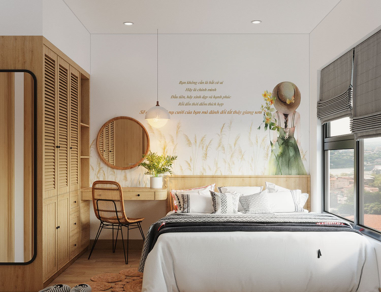 Phòng ngủ master được thiết kế theo phong cách hiện đại tối giản với hệ tủ gỗ tông màu thân thiện. Điểm nhấn làm nên thần thái nữ tính của căn phòng chính là tranh tường đầu giường.