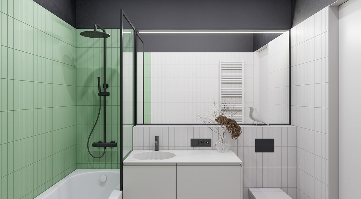 Phòng tắm đủ đầy tiện nghi với gạch ốp màu xanh - trắng hài hòa. Gương lớn hút sáng hiệu quả, đồng thời mang lại cảm giác rộng thoáng hơn cho căn phòng.