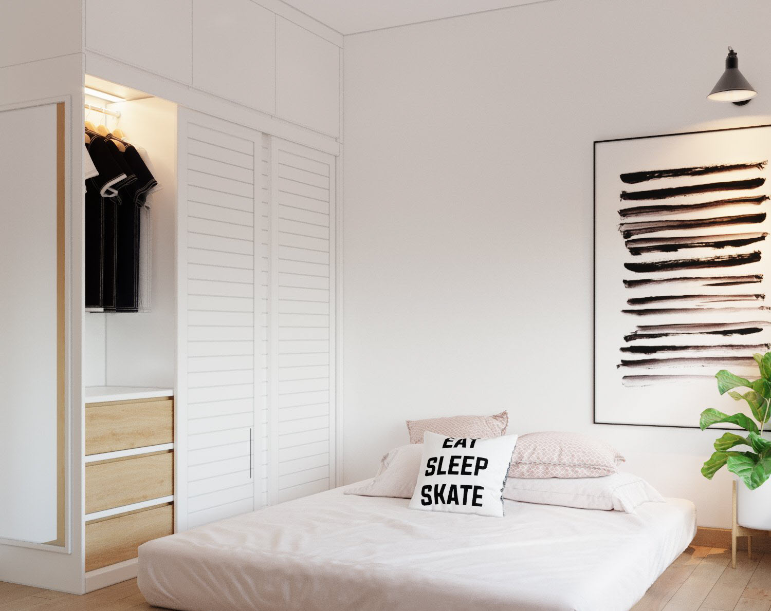 Phòng ngủ thứ hai sử dụng bảng màu trắng chủ đạo kết hợp cùng nội thất gỗ tạo điểm nhấn ấm áp