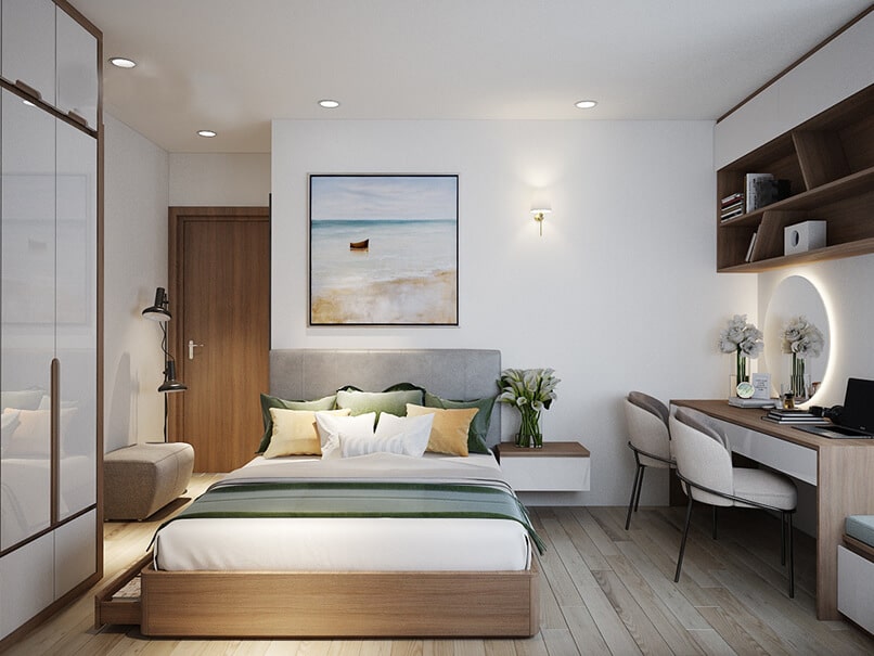 Phòng ngủ master có thiết kế đơn giản, sử dụng bảng màu trung tính hài hòa. Căn phòng đủ rộng để tích hợp góc làm việc gọn xinh.