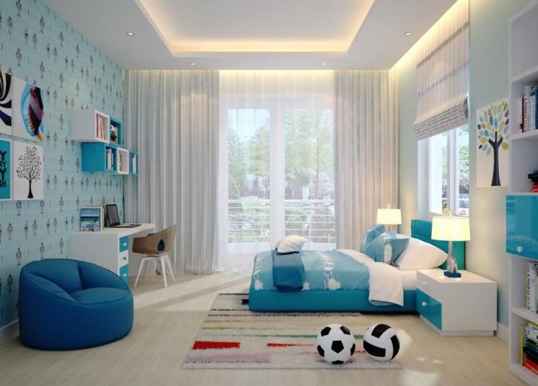 Thiết kế nội thất phòng ngủ con trai với bảng màu xanh - trắng dịu mát.