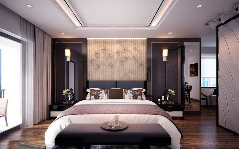 Mẫu thiết kế nội thất phòng ngủ master rộng thoáng, nhiều ánh sáng tự nhiên. Sàn gỗ giữ ấm đôi chân và tạo cảm giác thân thuộc.
