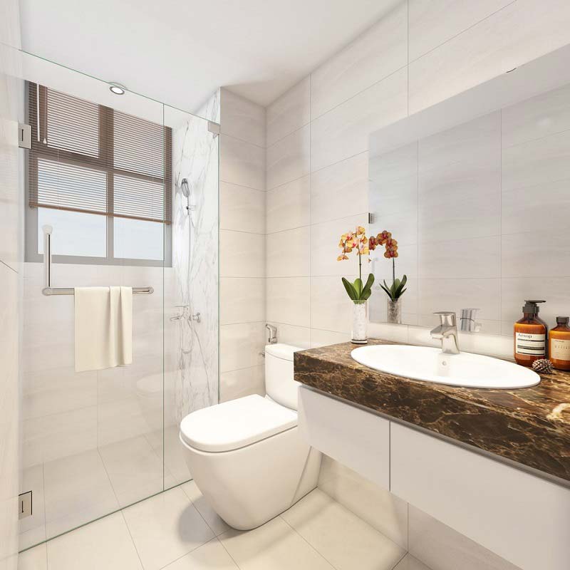 Trong nhà ống 4 tầng kết hợp kinh doanh, phòng tắm và vệ sinh được phân tách bởi vách kính trong suốt, đảm bảo sự thông thoáng, sạch sẽ cho từng khu vực chức năng.