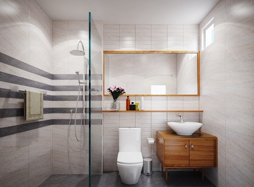 Mẫu phòng tắm kết hợp vệ sinh cho nhà cấp 4 mái Thái. Vách kính trong suốt phân tách tương đối giữa hai khu vực chức năng.
