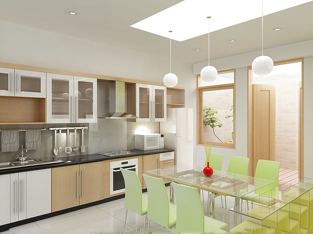 Không gian bếp gây ấn tượng với bộ ghế ăn tông màu xanh lá nhẹ nhàng, thanh lịch.