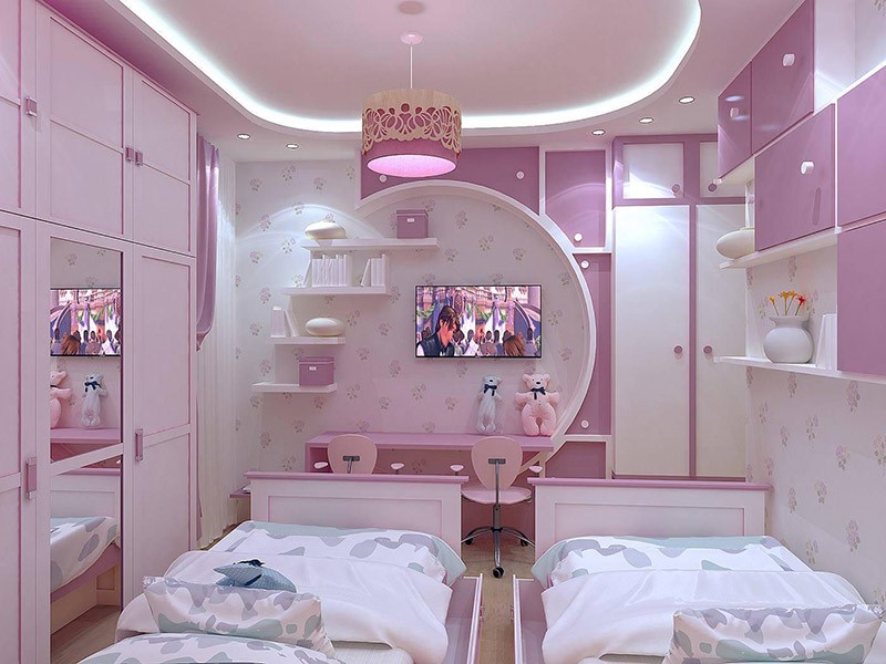 Phòng ngủ với hai giường đơn dành cho hai con gái. Tông màu hồng tím oải hương mang lại vẻ nữ tính, lãng mạn cho căn phòng.