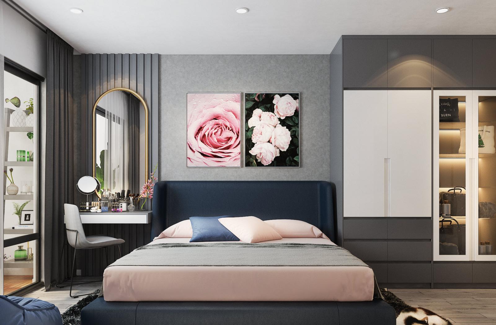 Phòng ngủ master toát lên vẻ sang trọng hiện đại mà vẫn rất nữ tính, nhẹ nhàng với tranh tường hoa hồng tạo điểm nhấn.