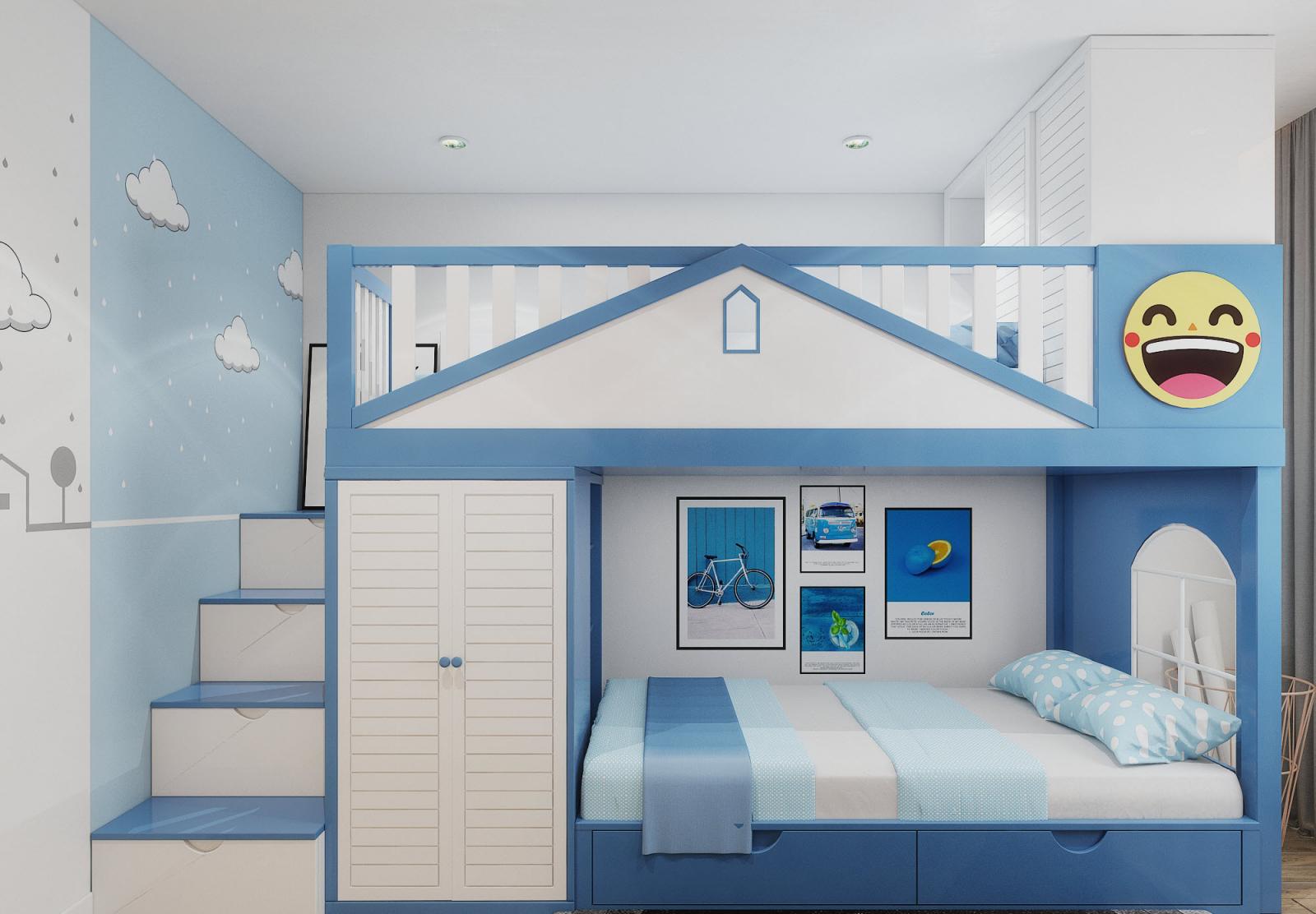 Phòng ngủ con trai với thiết kế giường tầng thông minh, giúp tối ưu hóa diện tích sử dụng.