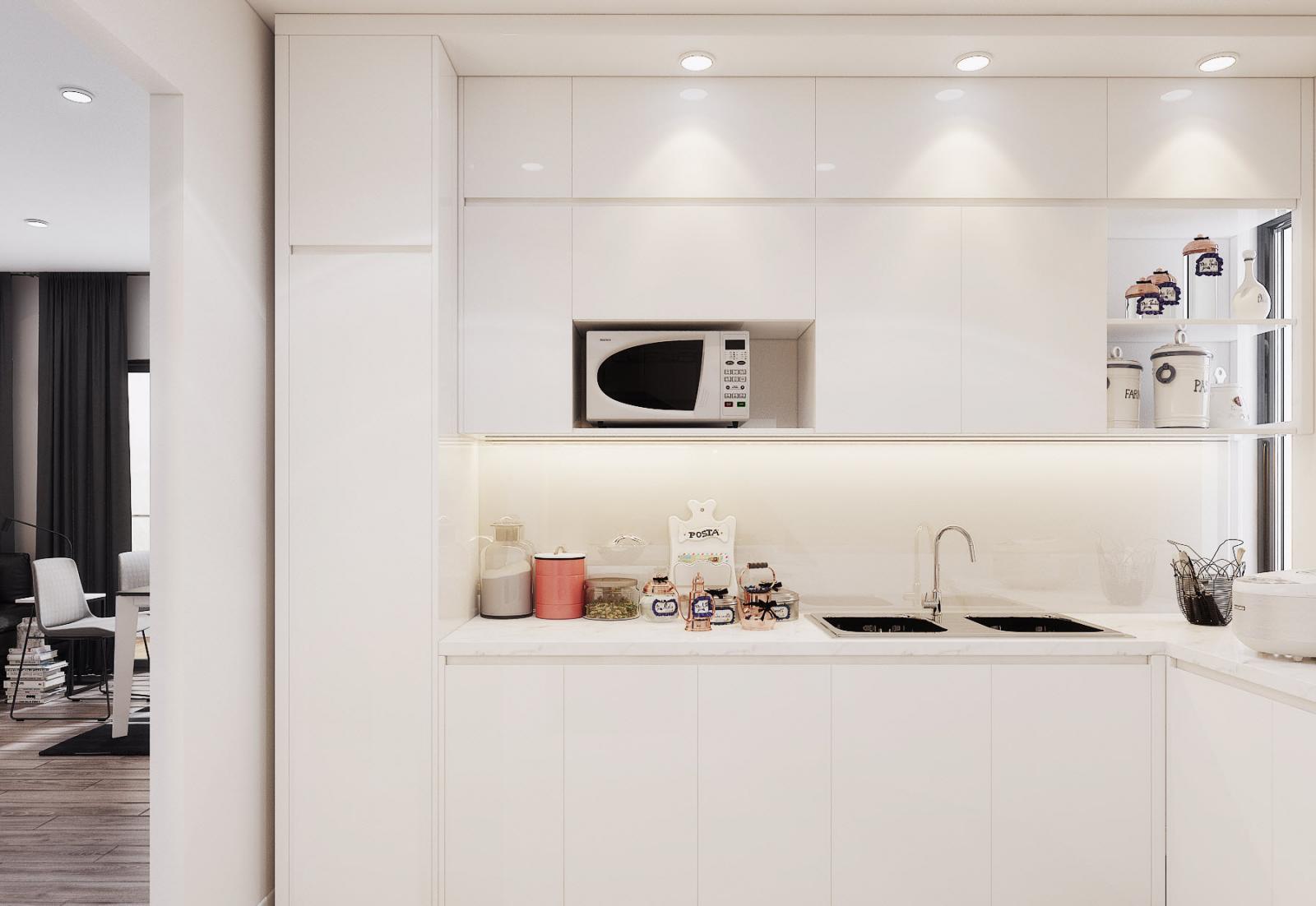 Hệ tủ bếp liền tường cung cấp không gian lưu trữ thoải mái.
