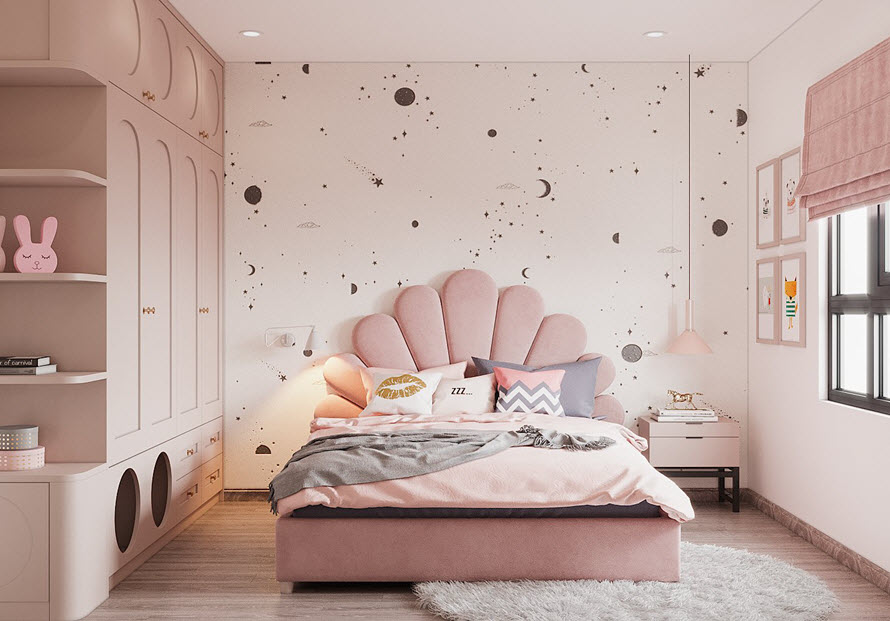 Phòng ngủ con gái tông màu hồng pastel nữ tính, xinh yêu hết nấc.