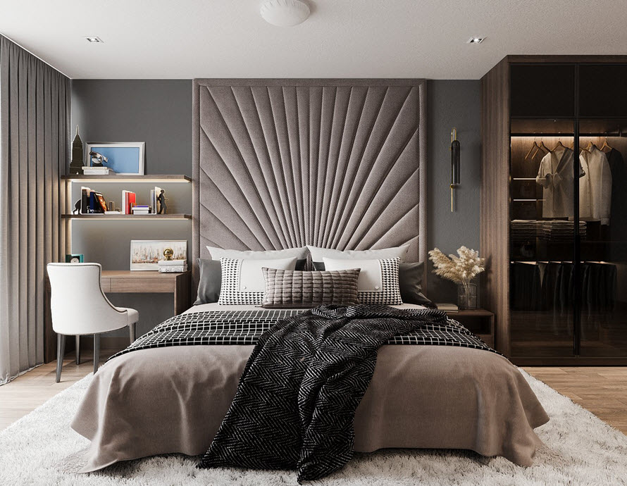 Phòng ngủ master bài trí thoáng gọn, sử dụng nội thất sang trọng, tích hợp cả góc làm việc.