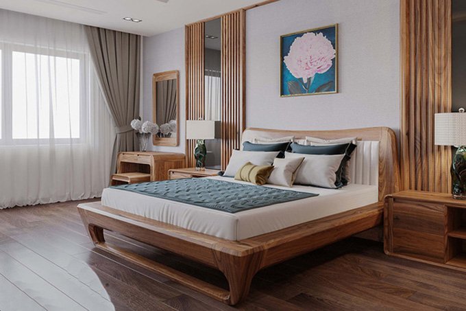 Phòng ngủ cho bà với thiết kế nội thất hiện đại tối giản, sử dụng chất liệu gỗ tự nhiên tông màu trầm tạo cảm giác thư giãn.