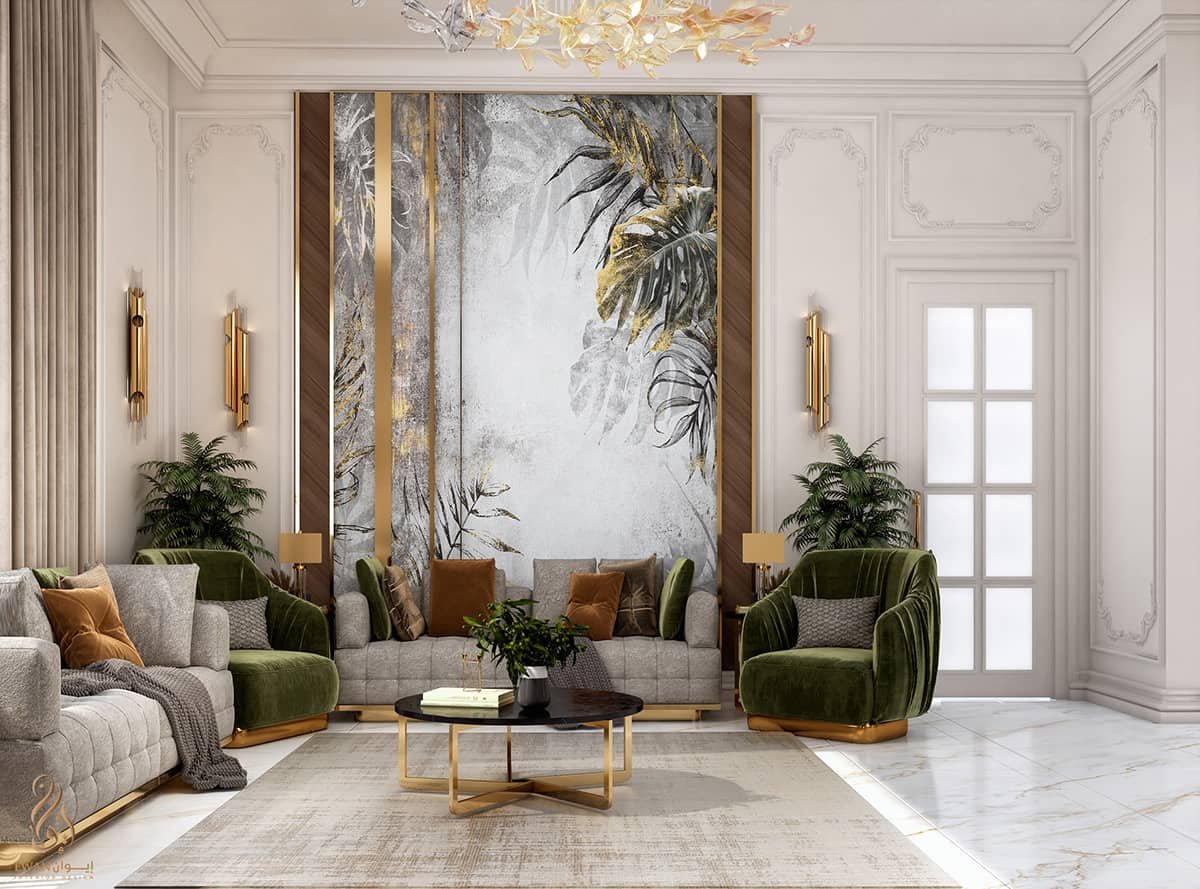 Phòng khách phong cách tân cổ điển sang trọng, nhẹ nhàng với bảng màu ghi xám chủ đạo, làm nền cho các chi tiết kim loại màu vàng nổi bật hơn.
