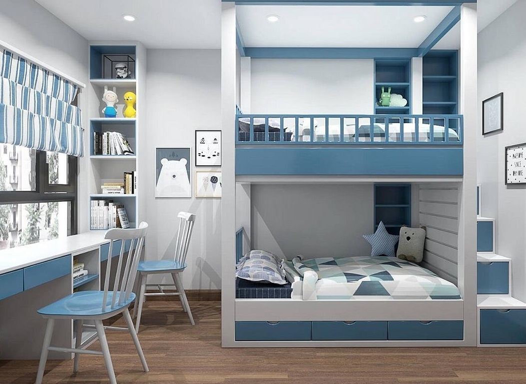 Mẫu thiết kế nội thất phòng ngủ cho hai bé trai với giường tầng và bàn học đôi tiện nghi, thuận tiện cho sinh hoạt hàng ngày của trẻ.