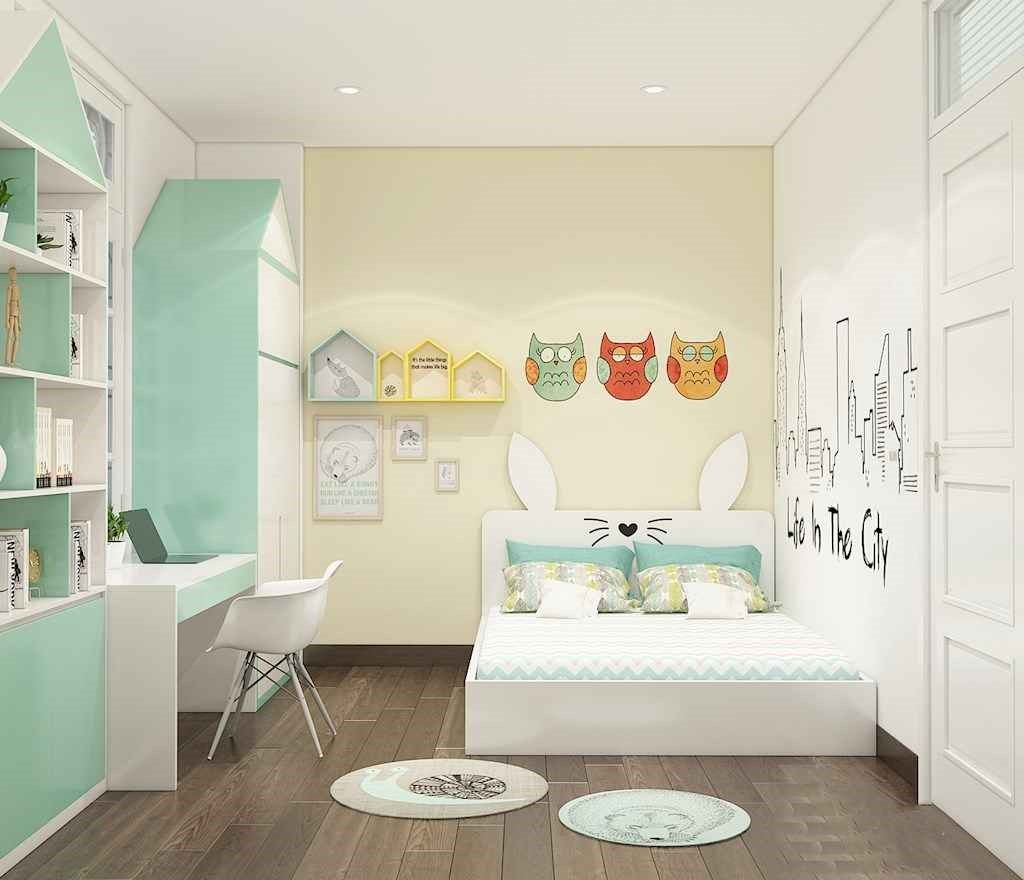 Phòng ngủ đẹp mê dành cho trẻ. Tông màu xanh pastel tạo điểm nhấn tinh tế trên phông nền màu trắng chủ đạo.