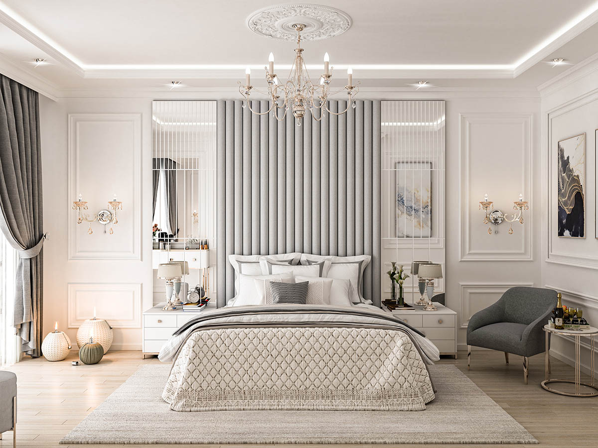 Mẫu phòng ngủ master phong cách hiện đại kết hợp tân cổ điển hài hòa, sang trọng mà bạn có thể tham khảo cho gia đình mình.
