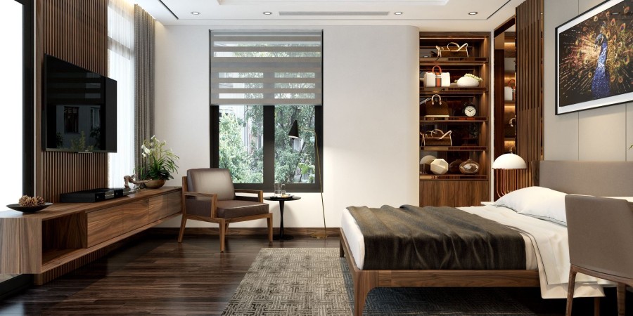 Mẫu thiết kế nội thất phòng ngủ master sử dụng nội thất gỗ chủ đạo. Hệ tủ kệ liền tường giúp tận tối ưu hóa không gian sử dụng.