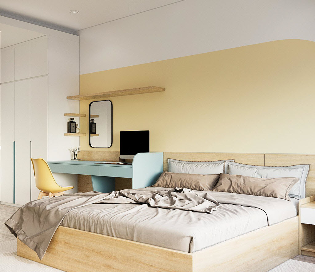 Phòng ngủ master rộng rãi, được thiết kế với tông màu trung tính nhẹ nhàng, điểm xuyết sắc vàng, xanh pastel dịu nhẹ.