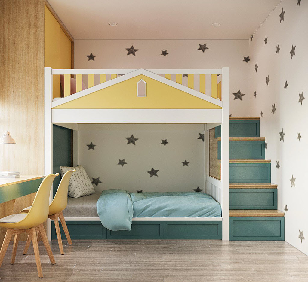 Phòng trẻ em là điểm nhấn tươi mới, sinh động trong căn hộ này. Thiết kế giường tầng giúp tối ưu hóa diện tích sử dụng.