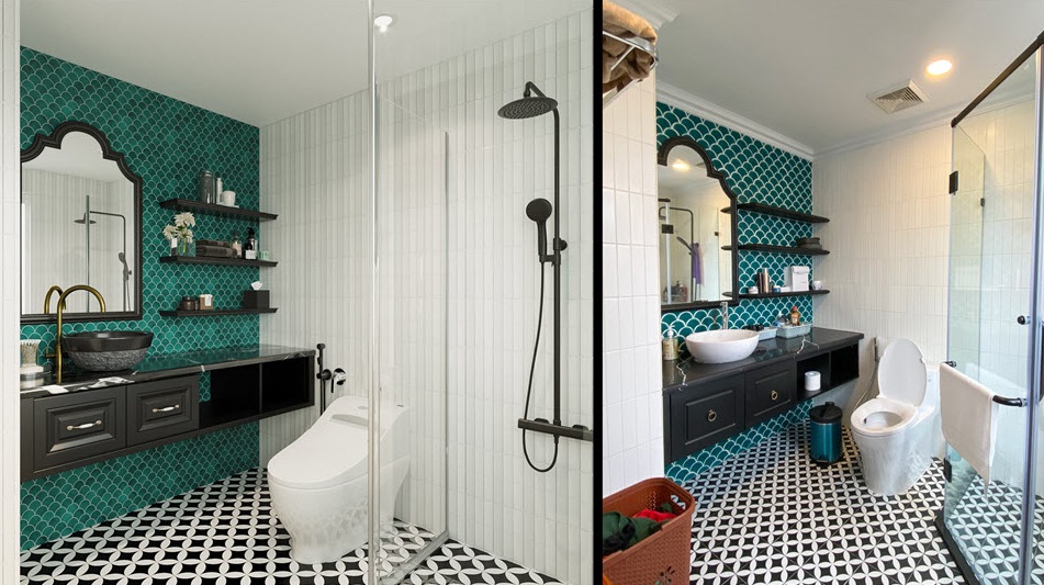 Phòng tắm - vệ sinh sang chảnh với gạch ốp tường màu xanh ngọc.