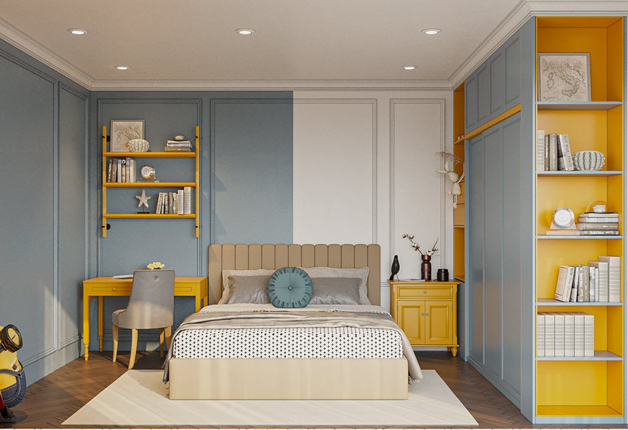 Phòng ngủ cho con được thiết kế với bảng màu trẻ trung, tươi mới hơn, tuy nhiên vẫn đảm bảo phong cách Indochine xuyên suốt.