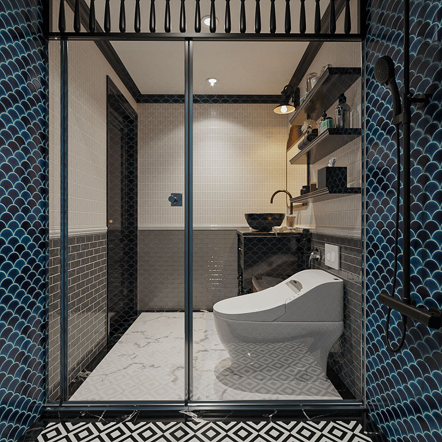 Phòng tắm tách biệt với khu vệ sinh bằng vách kính trong suốt.