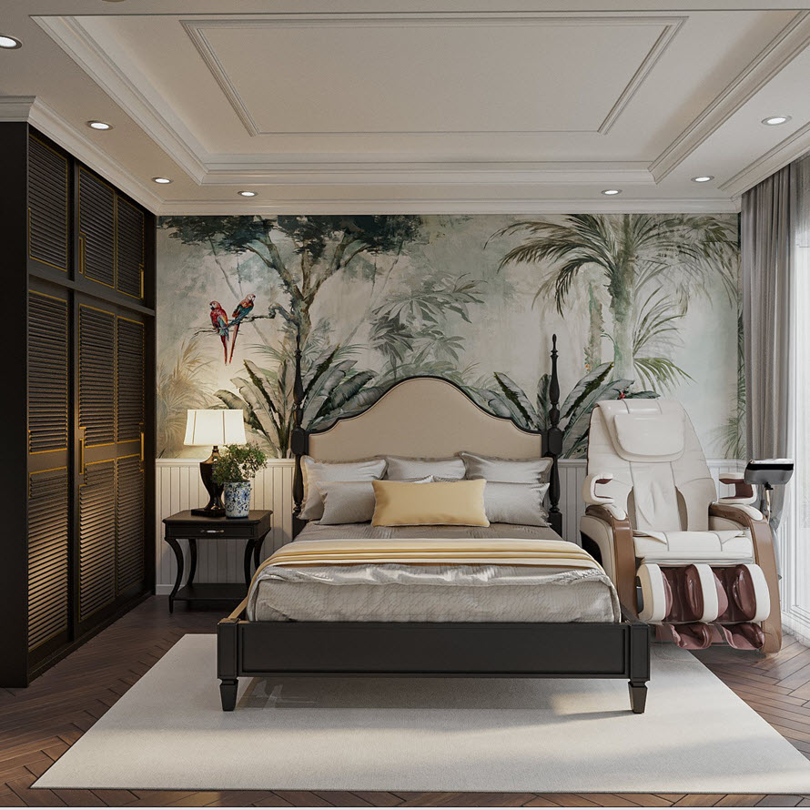 Phòng ngủ thứ hai gây ấn tượng bởi bức tranh tường họa tiết lá cây nhiệt đới xanh mát, mang lại cảm giác thư giãn, dễ chịu.
