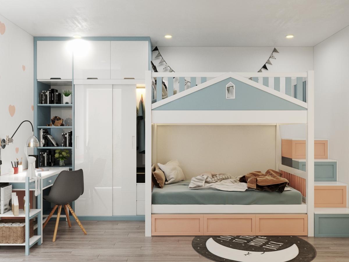 Phòng ngủ trẻ em với thiết kế giường tầng thoáng đẹp, đảm bảo an toàn cho bé sử dụng hàng ngày. Nội thất liền tường giúp tối ưu hóa không gian.