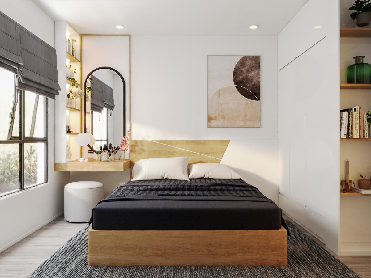 Nội thất phòng ngủ master hiện đại sang trọng với bảng màu trắng chủ đạo. Nội thất gỗ và những điểm nhấn trang trí màu nâu đất mang lại cảm giác ấm áp.