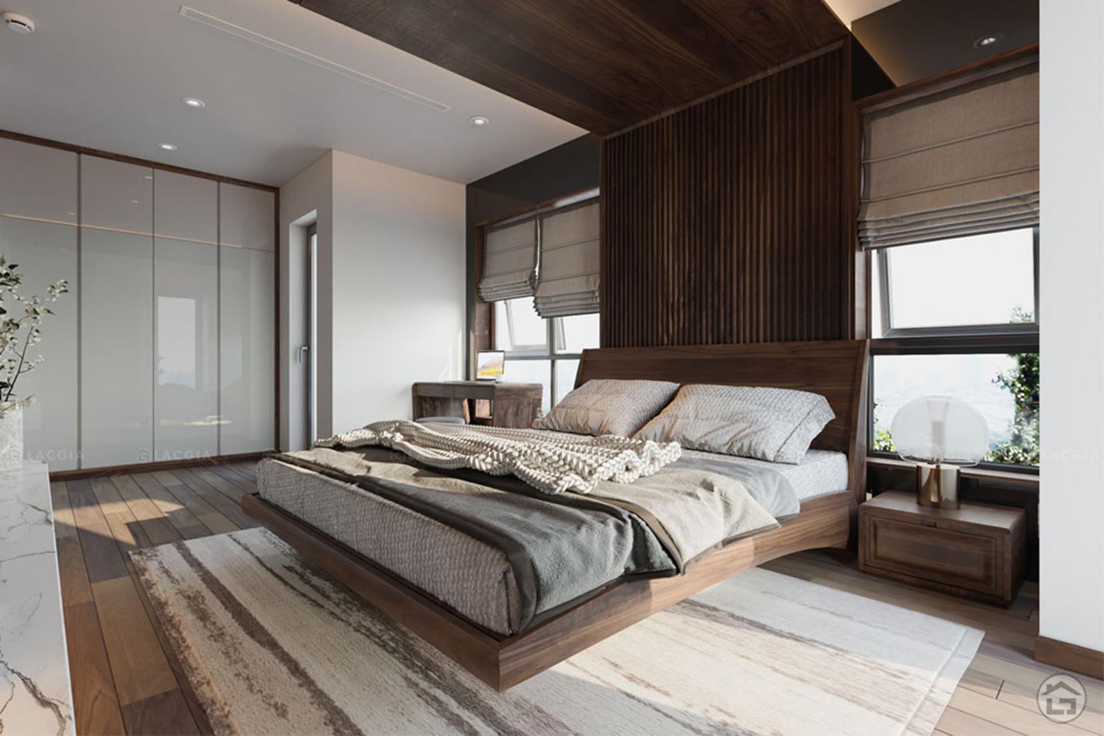 Phòng ngủ master phong cách tối giản với bảng màu trung tính nhẹ nhàng, mang lại cảm giác thư thái, dễ chịu cho gia chủ.