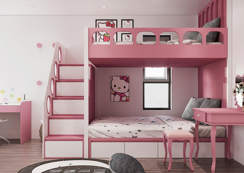 Căn phòng được thiết kế theo sở thích của trẻ với sắc hồng nhẹ nhàng và họa tiết mèo Kitty tạo điểm nhấn trang trí sinh động.