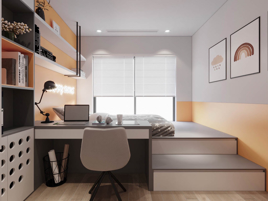 Kiến trúc sư nâng giường lên cao, kiểu sàn giật cấp để phân tách các khu vực chức năng.