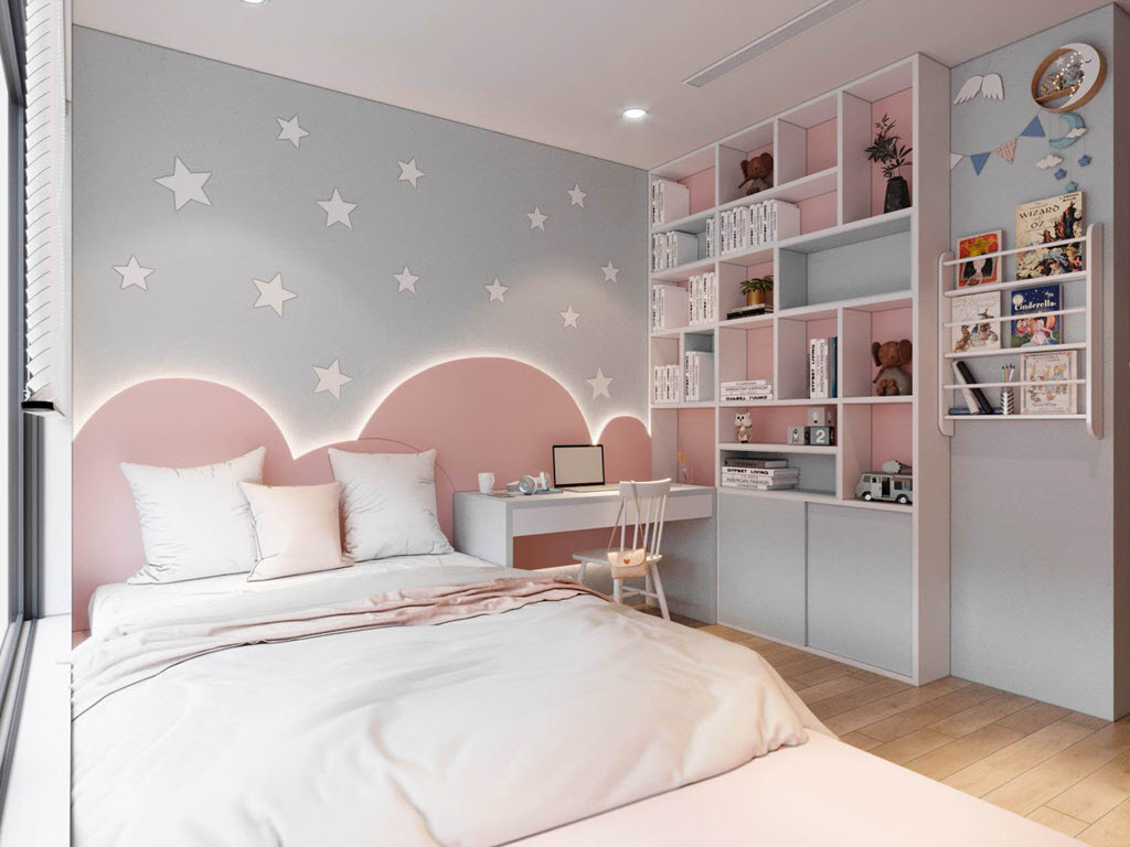 Thiết kế phòng ngủ con gái với tông màu hồng, xanh pastel nhẹ nhàng, nữ tính.