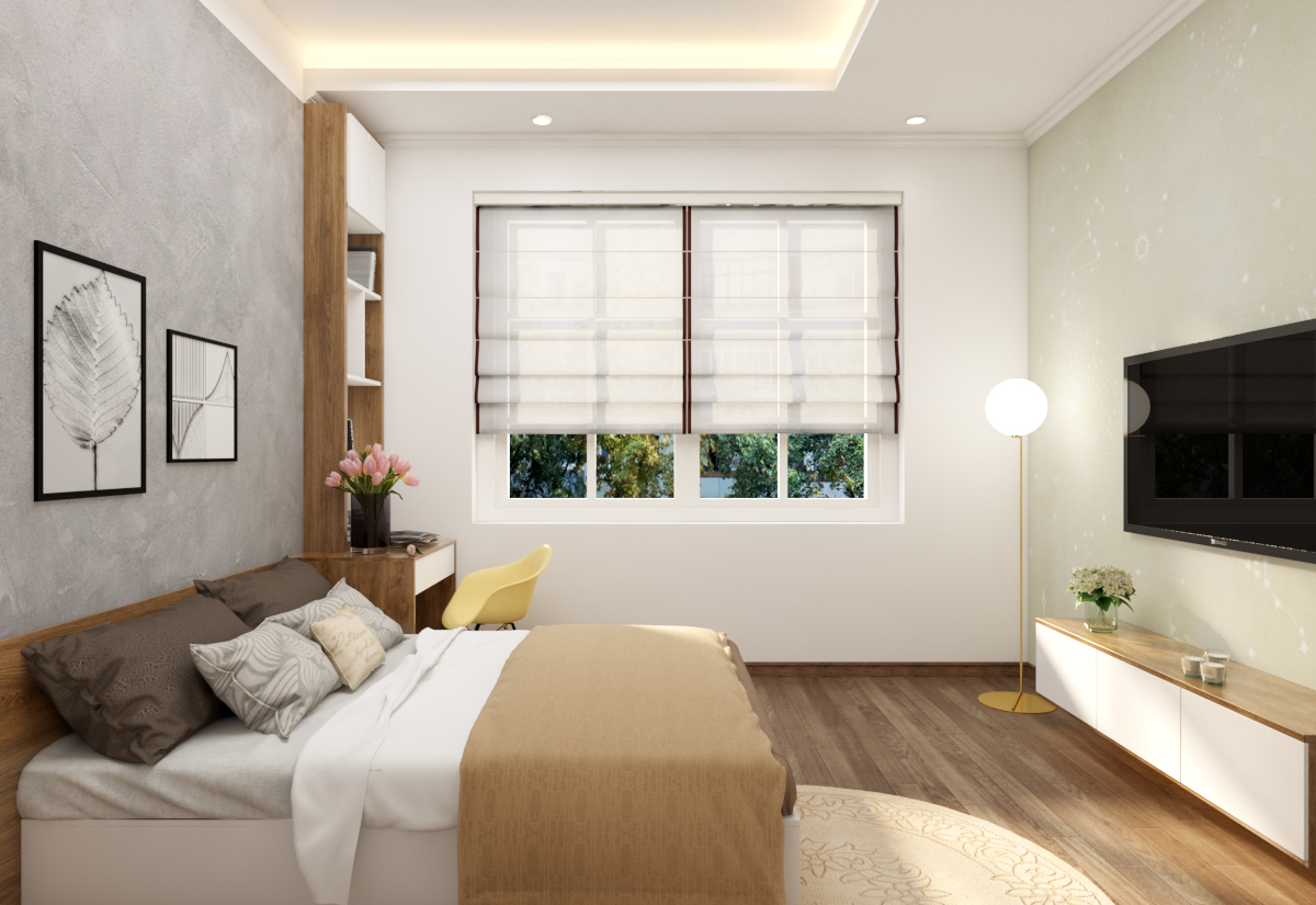 Phòng ngủ ông bà được thiết kế đơn giản hiện đại với tông màu trung tính nhẹ nhàng, tạo cảm giác thư giãn, dễ chịu.