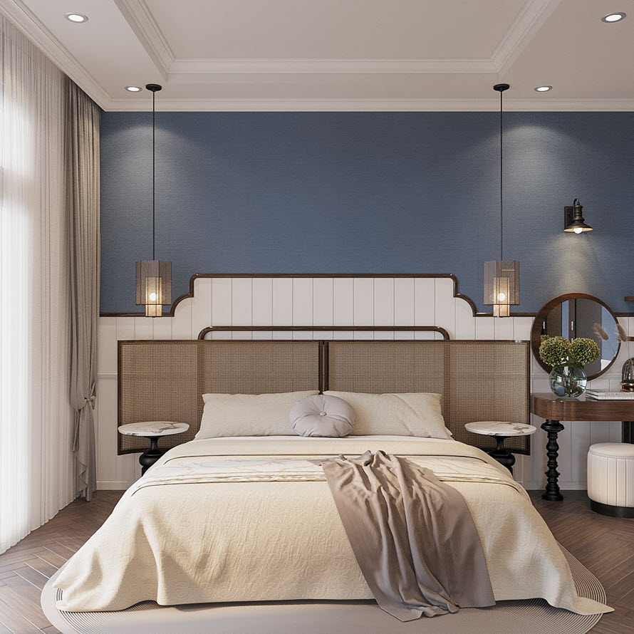 Một phòng ngủ khác trong biệt thự được thiết kế với bảng màu hiện đại, trẻ trung hơn nhưng vẫn đảm bảo nét Indochine xuyên suốt.