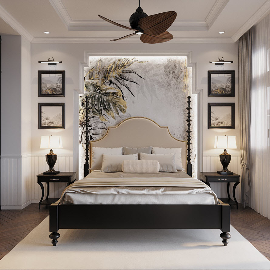 Điểm nhấn ấn tượng cho phòng ngủ master là tranh tường họa tiết lá cây nhiệt đới.