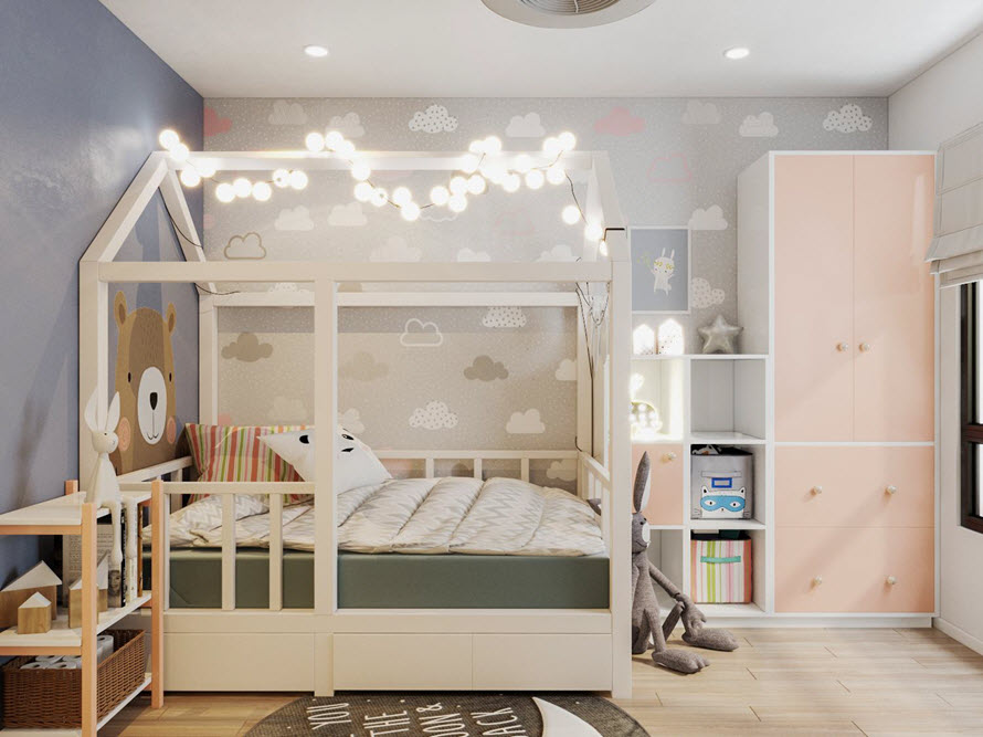 Thiết kế nội thất phòng trẻ em đẹp mê khiến bé nào cũng mê tít. Khung giường hình ngôi nhà, giấy dán tường, họa tiết trang trí hài hòa.