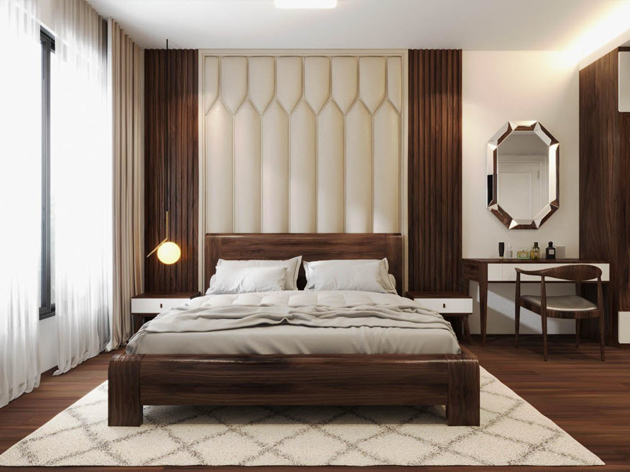 Thiết kế phòng ngủ thứ hai với bảng màu gỗ óc chó chủ đạo. Gương trang điểm kiểu dáng lạ mắt, tạo điểm nhấn ấn tượng.