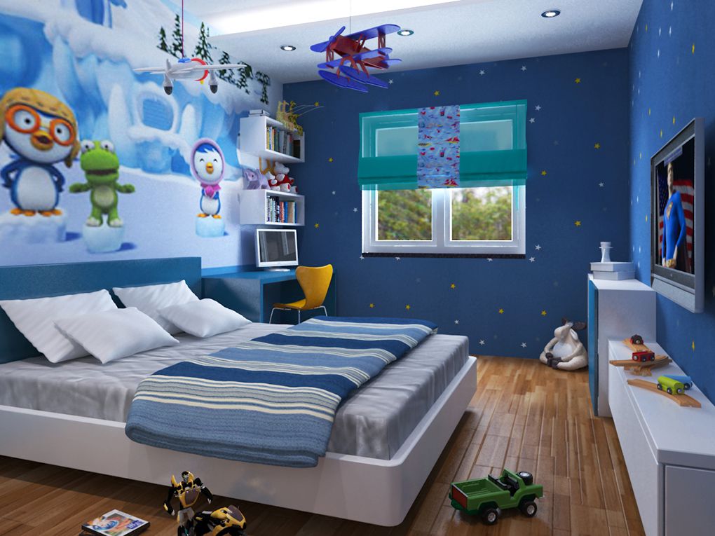 Phòng ngủ con trai được trang trí theo sở thích của trẻ về những nhân vật hoạt hình ngộ nghĩnh, đáng yêu. Tông màu xanh lam tạo cảm giác thoáng mát, thư giãn.