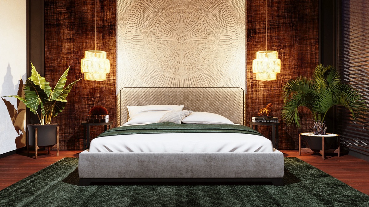 phòng ngủ rộng rãi với đèn thả ánh sáng vàng hai bên đầu giường minh họa cho phong thủy phòng ngủ tốt