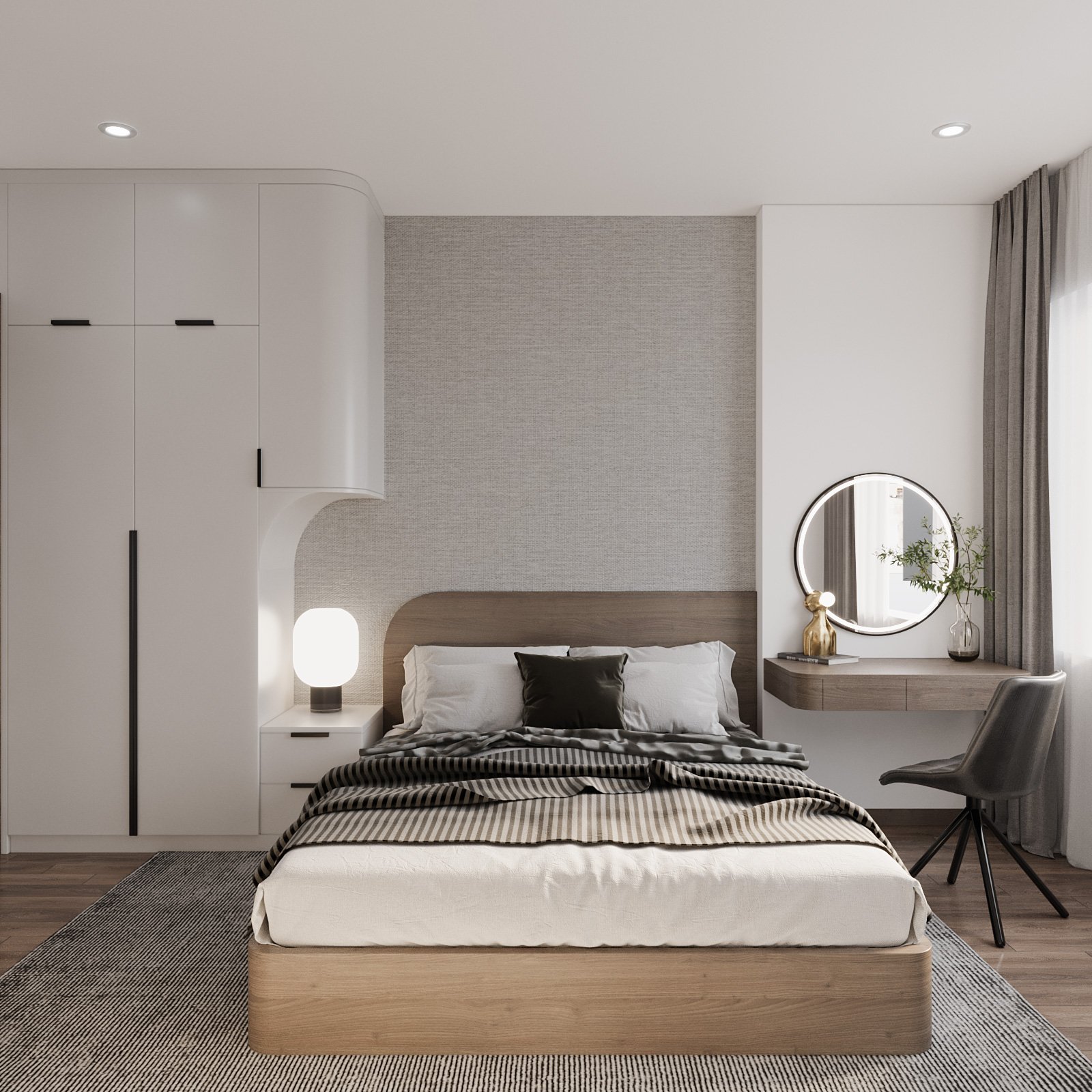 Không gian phòng ngủ master trong căn hộ 75m2 khá rộng rãi, sử dụng nội thất sang trọng tối giản với ánh sáng tự nhiên ngập tràn.