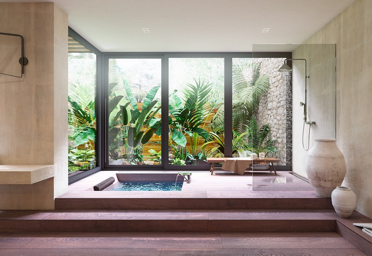 Mẫu phòng tắm phong cách mở ngập tràn ánh sáng và được bao quanh bởi "rừng cây" nhiệt đới xanh tốt, mang lại cảm giác thư giãn như ở spa.