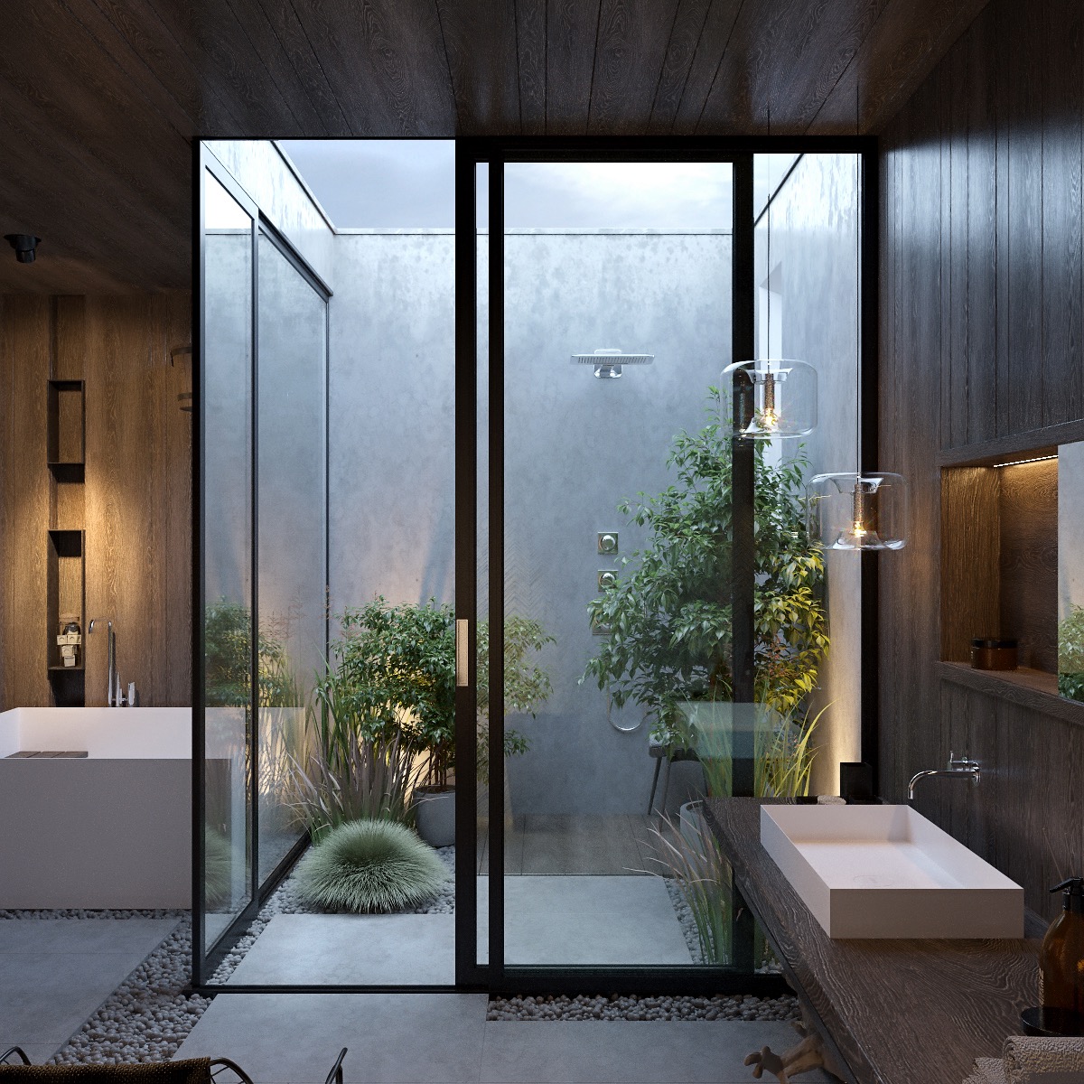 Phòng tắm vòi sen phong cách lộ thiên hiện rất được ưa chuộng. Tường bê tông xám mịn làm nền cho các loại cây xanh thêm phần nổi bật.