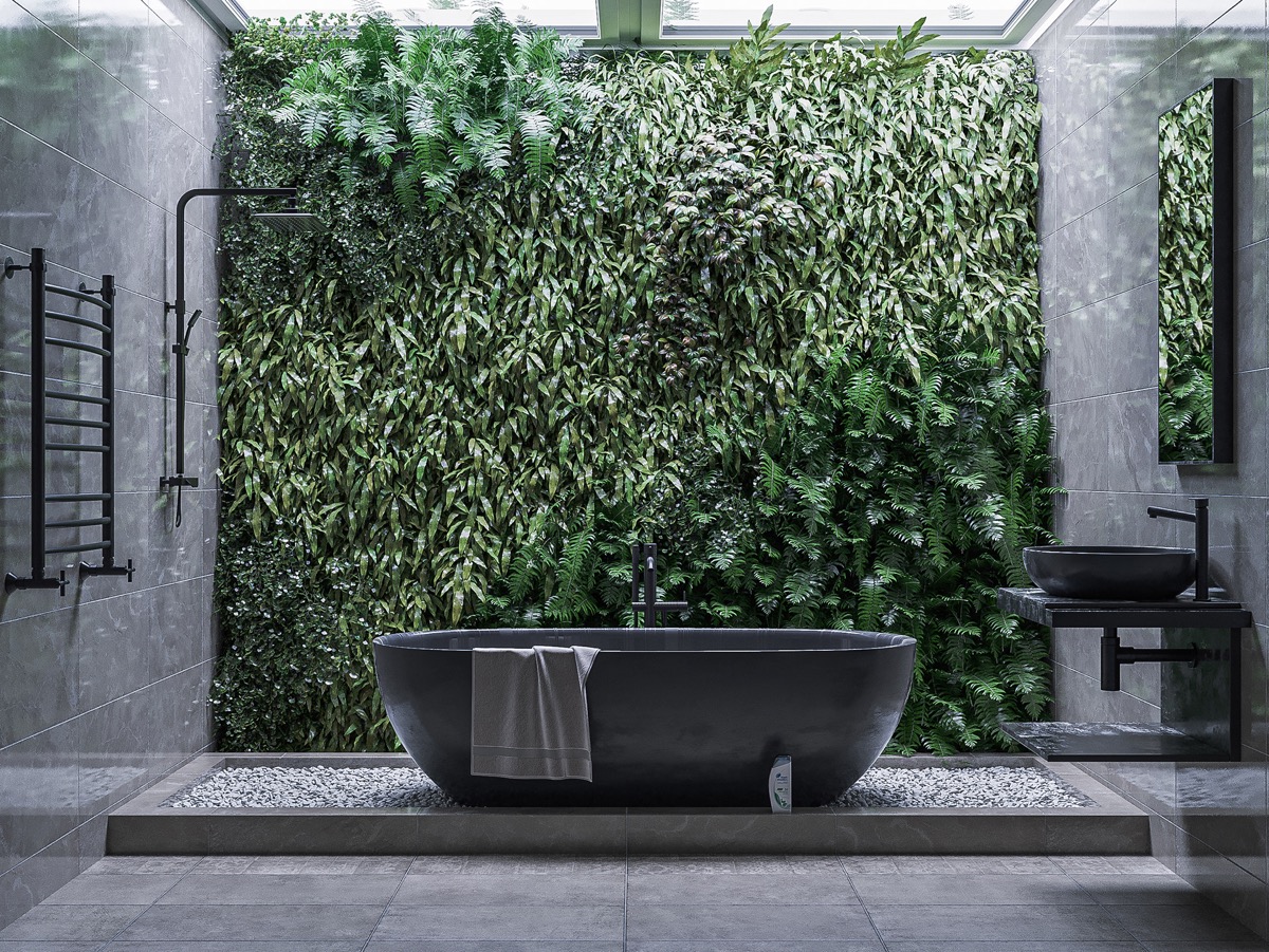 Với thảm thực vật xanh mướt, bức tường phòng tắm thật sống động và mát mắt. Vườn đứng là lựa chọn phù hợp cho nhà phố, căn hộ diện tích khiêm tốn.