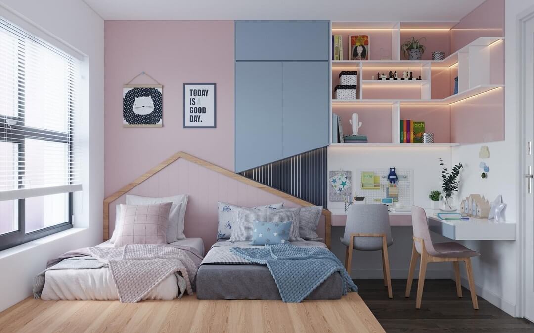 Mẫu thiết kế nội thất phòng ngủ gọn xinh dành cho hai cô con gái. Nội thất liền tường, bàn học đôi với bảng màu pastel ngọt ngào, nữ tính.