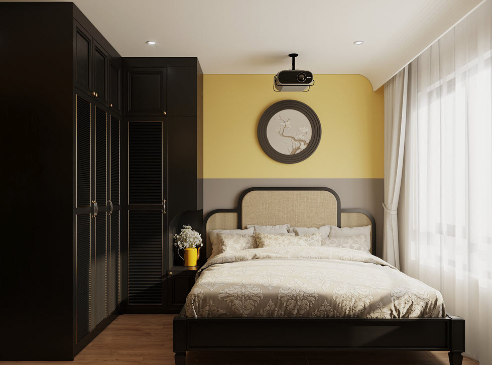 Không gian phòng ngủ master đậm chất Indochine truyền thống với nội thất gỗ màu đen bóng, tranh tường đầu giường và một vài chi tiết trang trí tạo điểm nhấn.