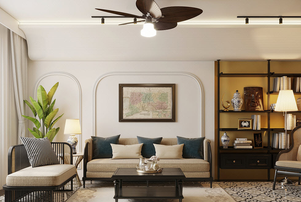 Kiến trúc sư thiết kế phòng khách theo phong cách Đông Dương nhẹ nhàng tinh tế với tường sơn màu trắng sữa xinh yêu, sofa gỗ kiểu Á Đông và cây xanh lớn tạo điểm nhấn.