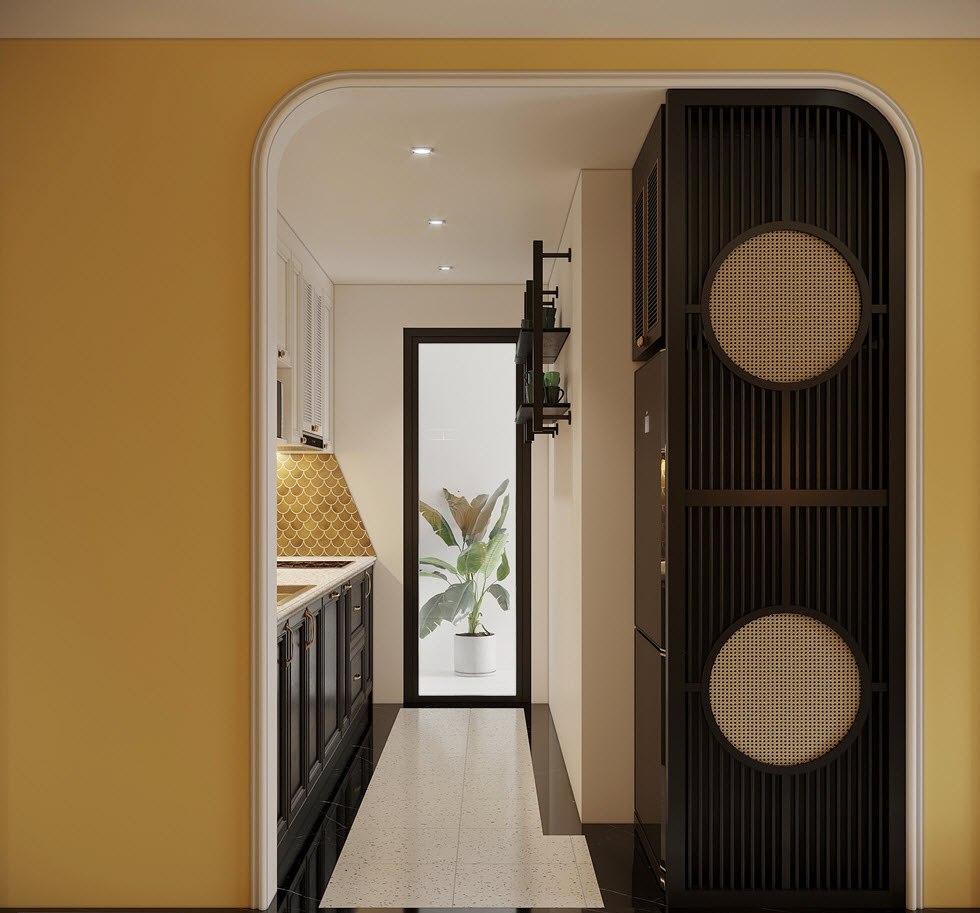 Khung vòm mềm mại dẫn lối vào gian bếp căn hộ 2 phòng ngủ. Điểm đặc biệt của căn bếp là lối mở ra hành lang phía sau nên vẫn đảm bảo lấy sáng tự nhiên, đối lưu không khí.
